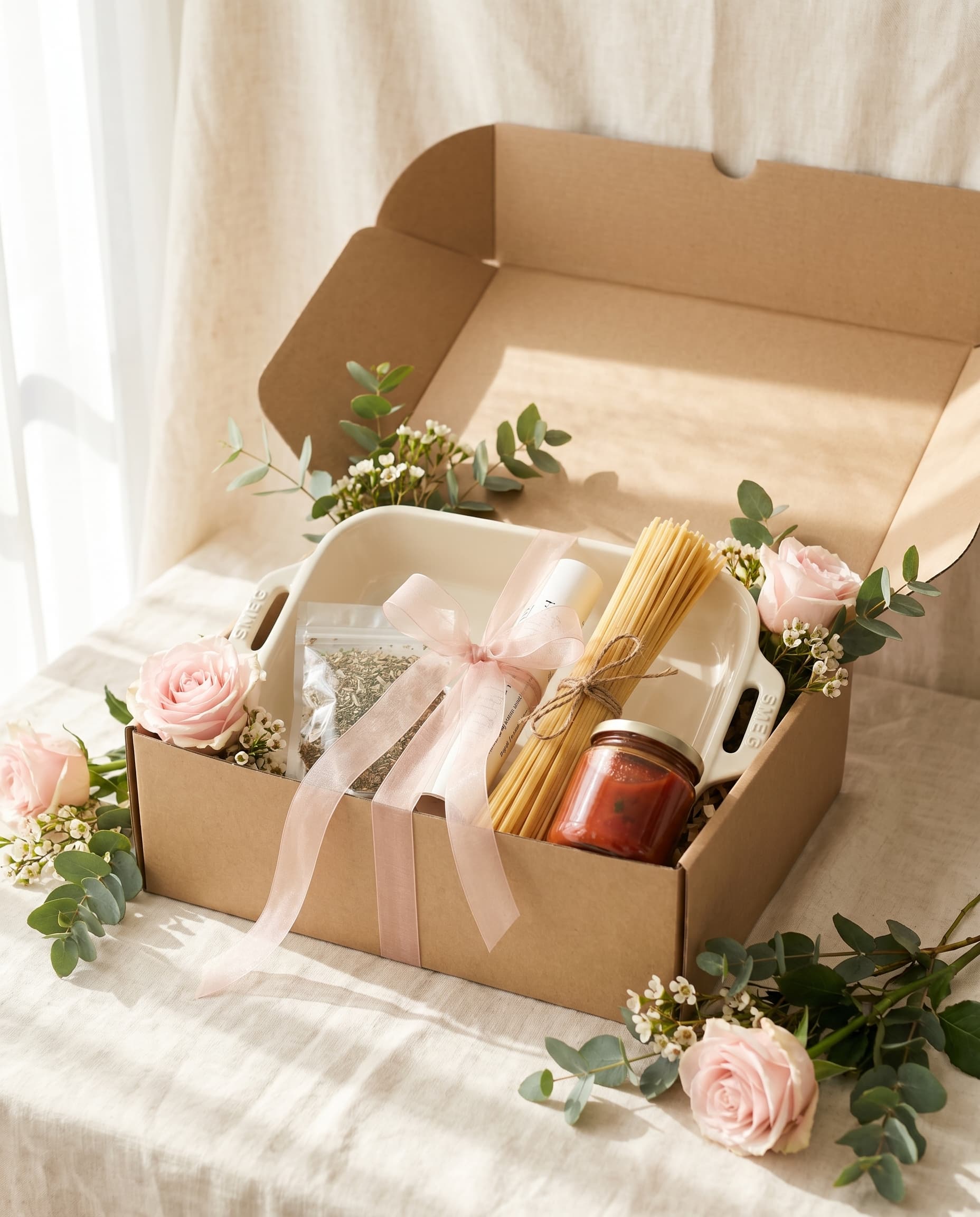 A Just 2 Cousins gift box with a cream SMEG dish, pasta-night ingredients, blush ribbon and roses